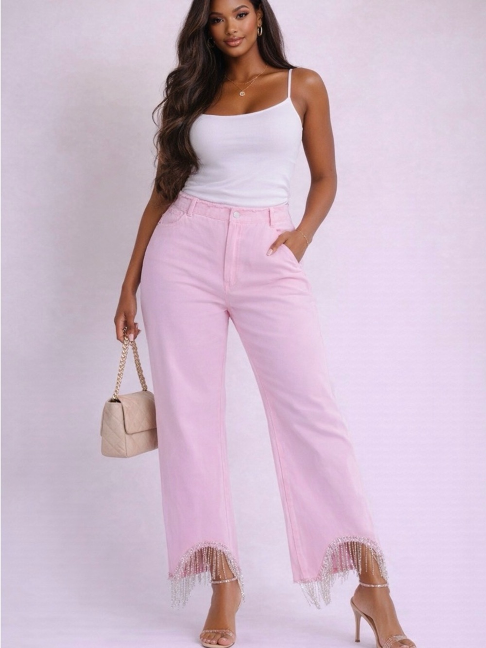Pink Beaded Fringe Hem Wide Leg Pants